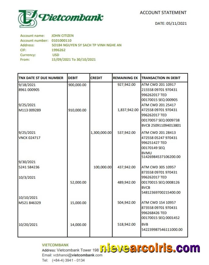 Vietnam Vietcombank excel pdf